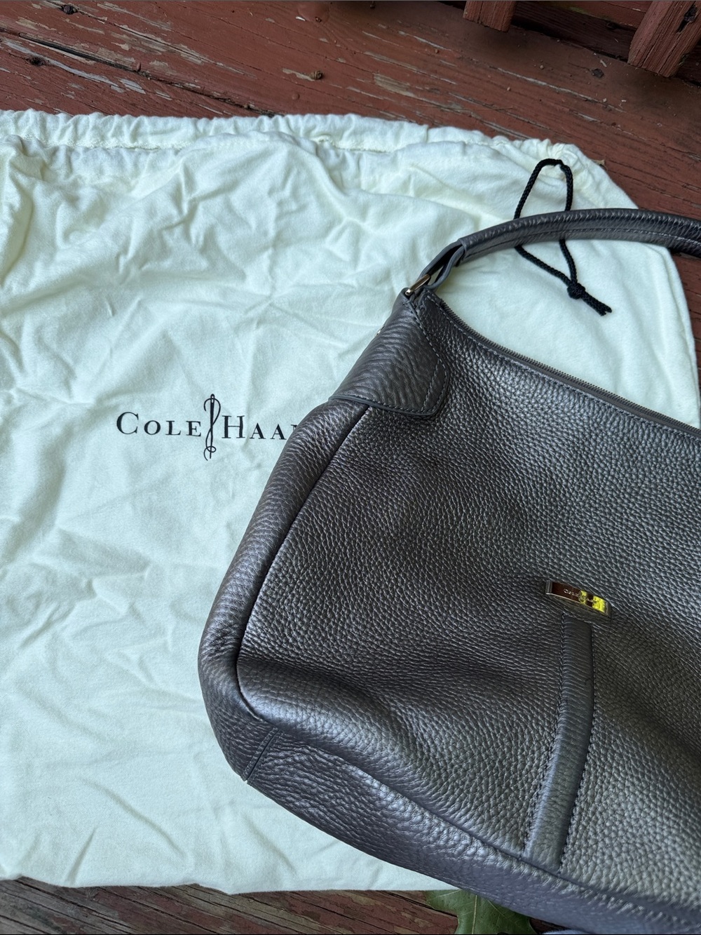 Cole Haan ~ Metallic Pewter Leather Hobo Tote Handbag w/Dusty